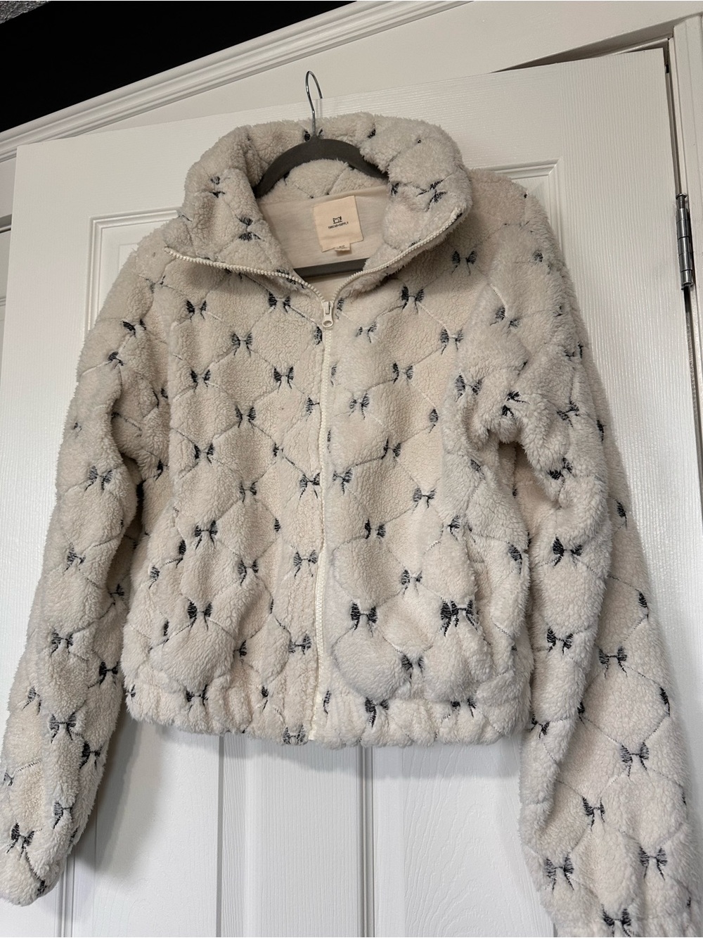 Thread & Supply Cream Sherpa Zip Jacket with Embroidered Detail